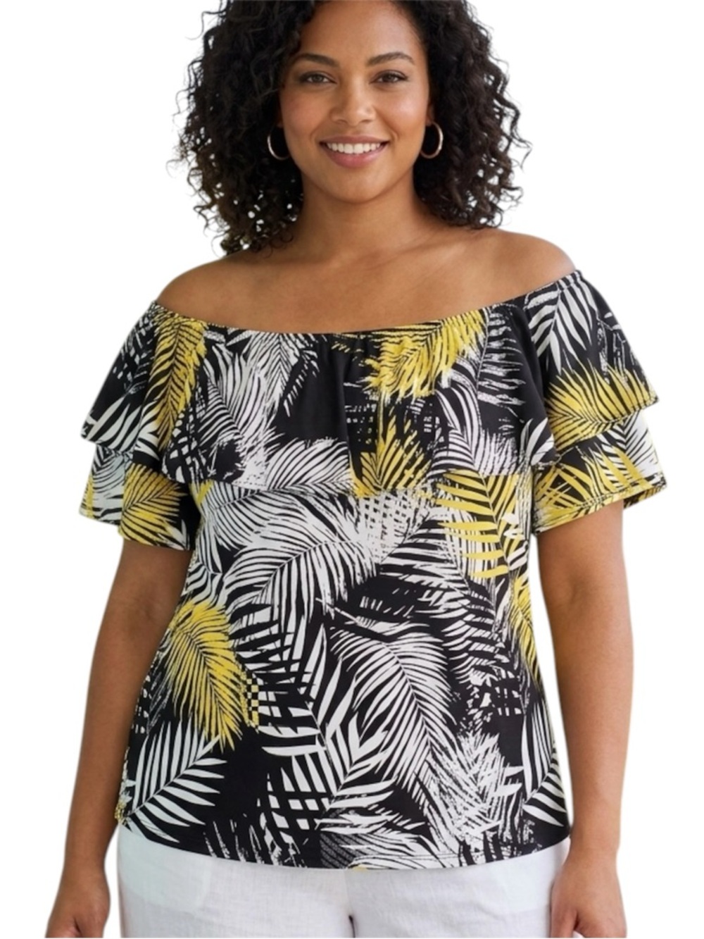 Laura Tropical Pattern Short Sleeve Off Shoulder Scoop Neck Top Size XXLarge